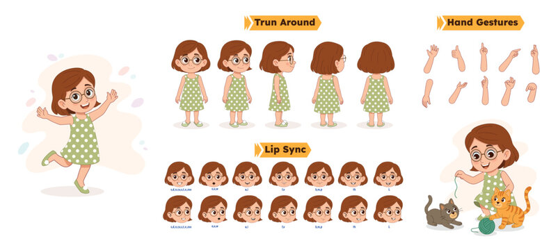 A Cute Little Girl Character Model Sheet. Little Girl Creation Set. Cute Small Girl Turnaround with Hand Gestures and Lip Sync Set.