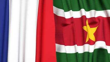 Fototapeta premium Flags of FRANCE and SURINAME with realistic cloth texture