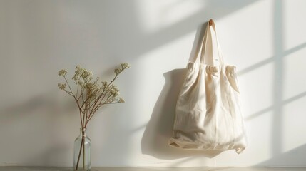 Cream tote bag with dried flowers minimalist style