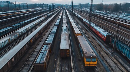 Trains on Tracks at Railway Depot Seen From Above