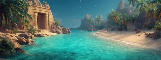 Tropical Beach with Palm Trees and Ancient Egyptian Temple at Sunset 