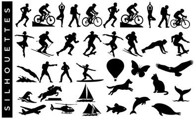 Fototapeta premium Silhouette Vector Collection of Sports Activities, Animals, Birds, Marine Life, and Transportation – Black Solid Icons Set Featuring Runners, Cyclists, Swimmers, Yoga Poses, Cats, Dolphins, and Hot Ai