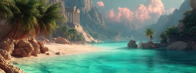 Tropical Beach with Palm Trees and Ancient Egyptian Temple at Sunset 