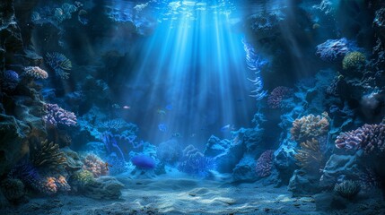 Mystical underwater abyss illuminated by enchanting blue sunlight in the deep ocean