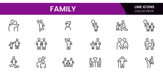 Family icon set. It contains parents, mothers, fathers, children, babies, grandparents, and household icons. Vector illustration.