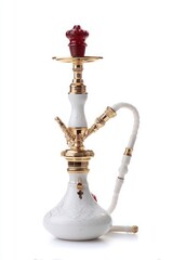 Elegant White and Gold Hookah with Red Glass Top - Isolated Photograph on White Background - Middle Eastern Culture