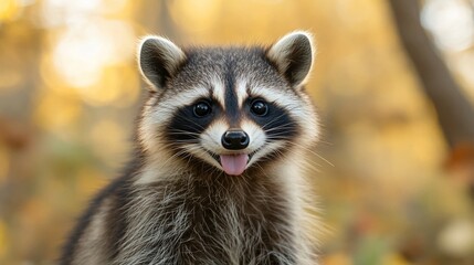 Fototapeta premium Adorable raccoon with outstretched tongue in autumnal forest