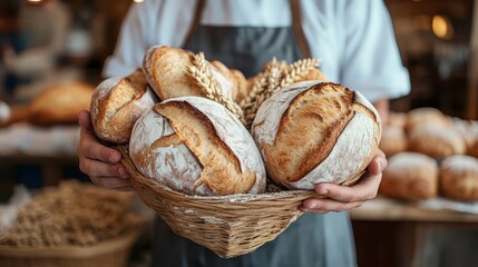 A baker holds a basket filled with various loaves of fresh baked bread