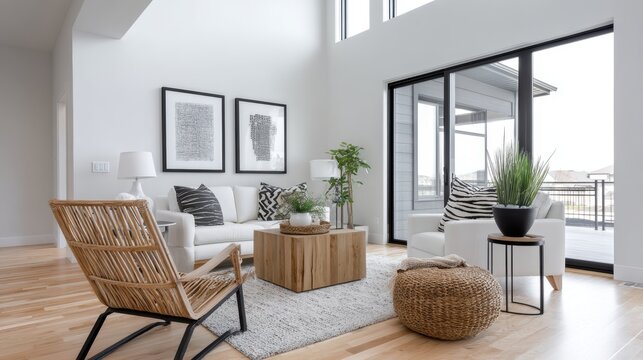 Bright and airy living room with white walls, natural light, and minimalist furniture - serene neutral light