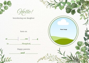 Nature Theme Girl Baby Announcement card. Fill Baby Name,Birth Time,height,weight,Hospital name and Parents name.. Daughter birth announcement printable card.