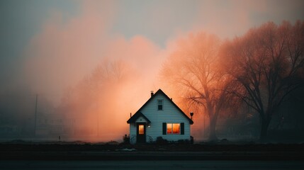 Misty Sunrise House  Foggy Morning  Suburban Home  Scenic View