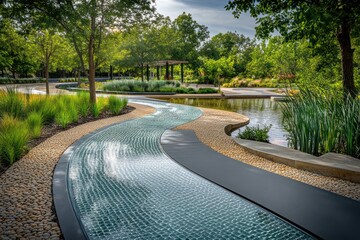Flowing park pathway blending modern textures--textured glass tiles, smooth rubber, and slightly raised pebble accents--nestled in a biodiverse green space