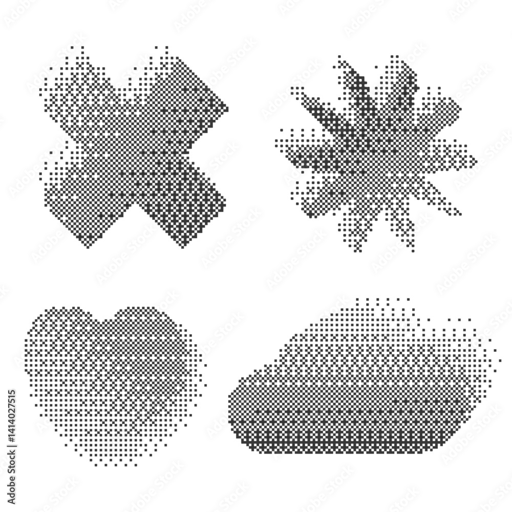 Poster pixel pattern shapes. textured heart star and cross with bitmap y2k dither gradient. retro vector si