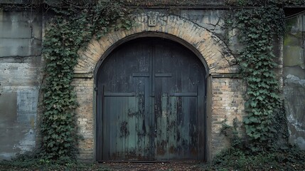 Fototapeta premium Old Wooden Door with Brick Arch and Climbing Green Ivy