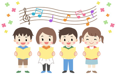 音楽会で笑顔で歌う子供たちのイラスト