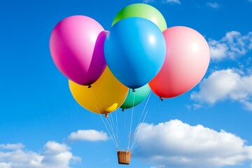 A cluster of colorful balloons rising toward the sky at a festival, adding a sense of joy
