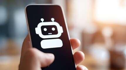 A hand holding a smartphone with a white robot face on the screen and a chatbot icon used for an AI mobile application. Online app bot. Chat. Assistant
