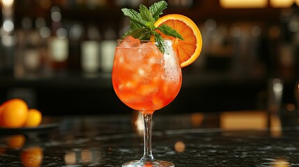 Refreshing Aperol Spritz cocktail garnished with an orange slice and mint leaves. 