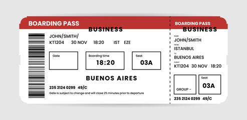 Boarding pass ticket template. Airline boarding pass template. Airplane ticket for business class. Vector isolated illustration