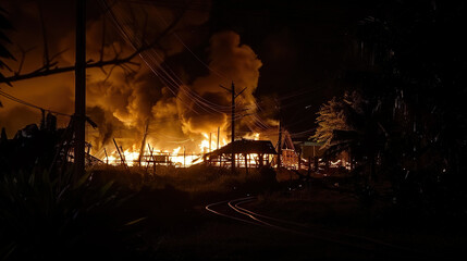 Burning wooden house with intense flames and thick black smoke rising into dark night sky. Disaster, emergency, fire accident, arson or wildfire concept.