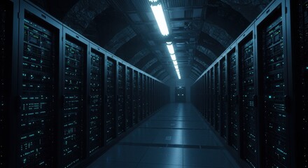 Cyberpunk Server Hall: Rows of Dark Servers Glimmering with Teal Lights