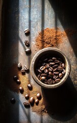 Coffee Beans and Grounds in Light and Shadow Still Life