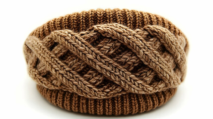 Obraz premium Hand Knitted Brown Ear Warmer with Cable Knit Design on White Ba