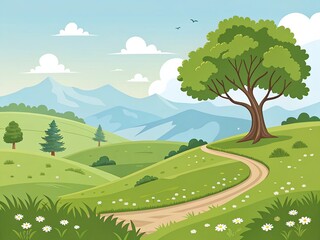 Obraz premium Countryside Landscape Illustration with Tree and Mountains