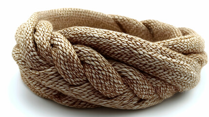 Braided headband of tan and white yarn, intricately knotted and