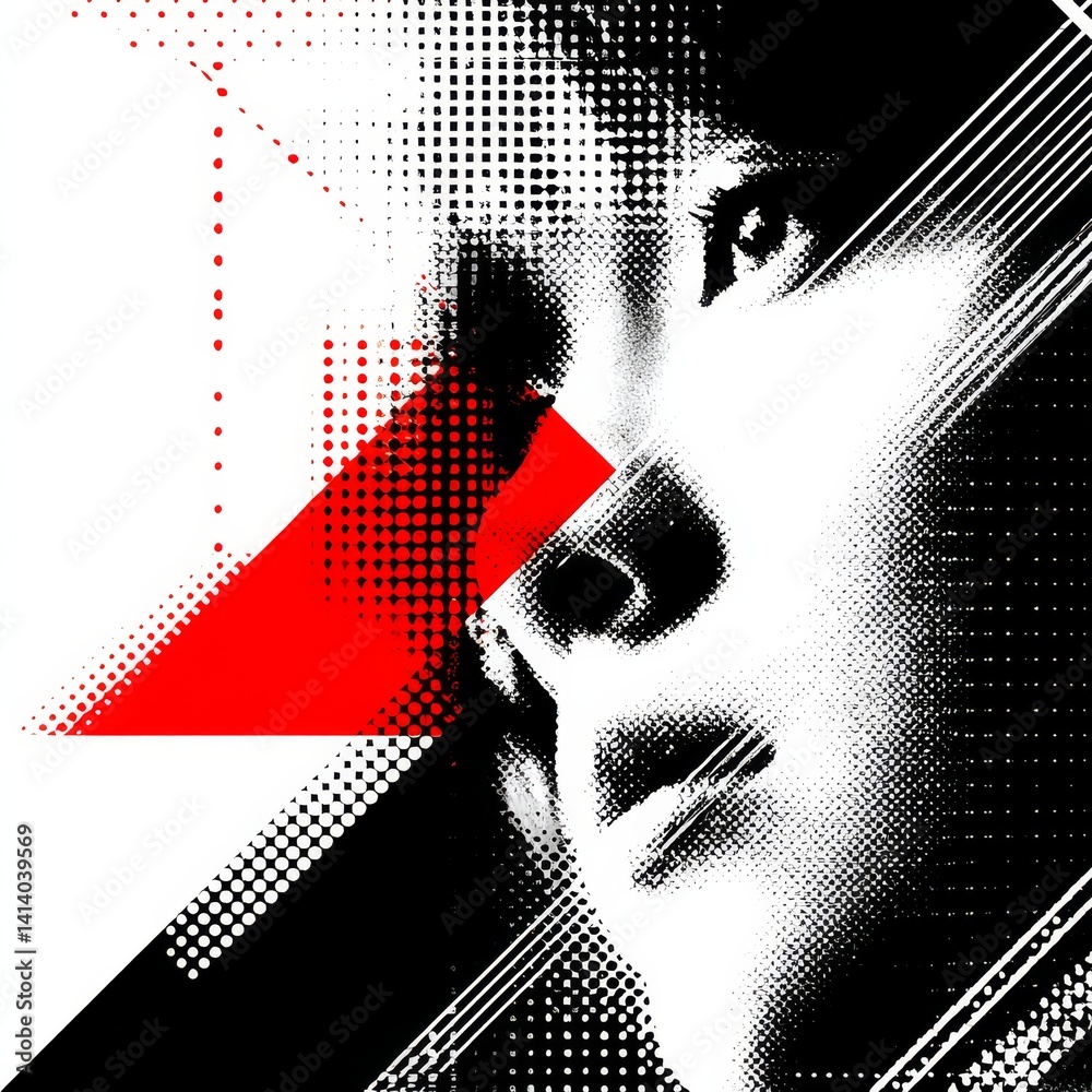 Poster abstract portrait in red, white, and black with geometric and halftone elements
