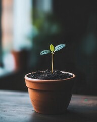 A young seedling grows in a terracotta pot, symbolizing a fresh start and new beginnings.