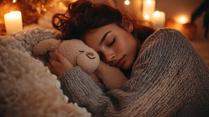 A sleepy young woman hugging a plushie, cozy oversized sweater, warm candlelit room.