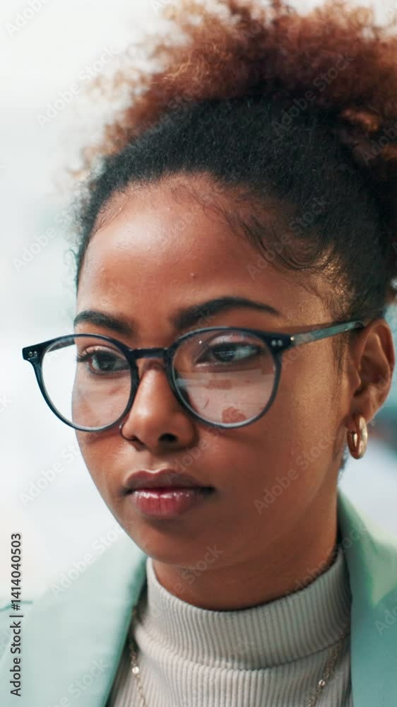 Poster Programmer, business and woman in office, glasses and coding with deadline, clear vision and AI design. Person, developer and employee in workplace, eyewear and web development with software update