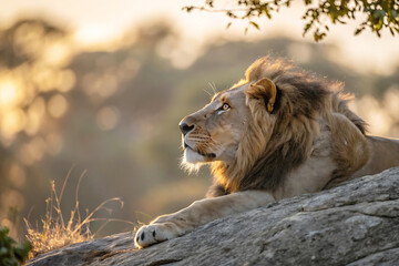Obraz premium Majestic Lion on Rock at Sunset – Fine Art Wildlife Photography with Warm Golden Light