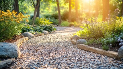 Sunlit Walkway in a Serene Garden Setting, Featuring Peaceful Natural Elements for Relaxation