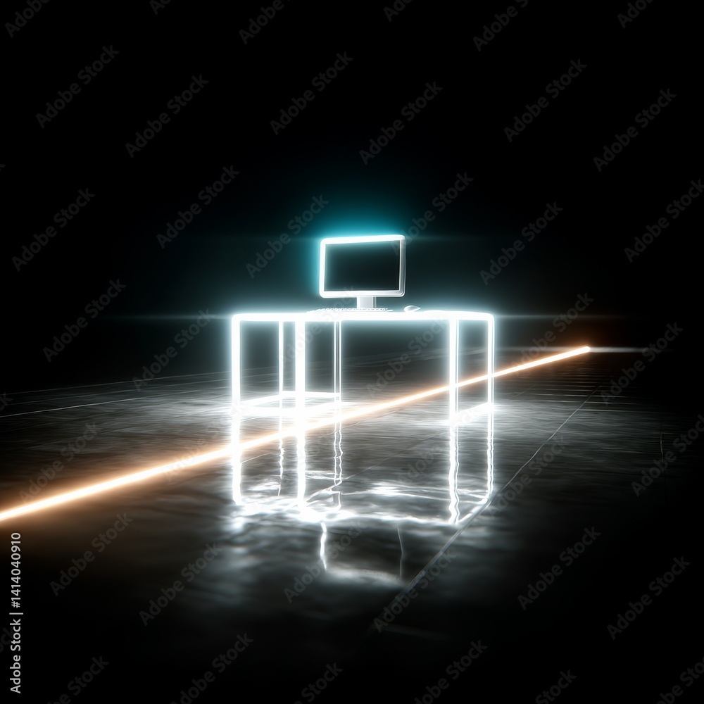 Poster glowing minimalist computer setup on dark reflective surface with neon lighting accents