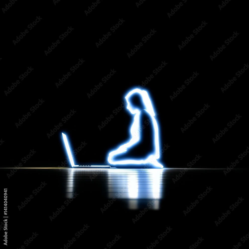 Aufkleber glow in the dark: digital woman using laptop with neon silhouette on a shiny surface, creating a fut