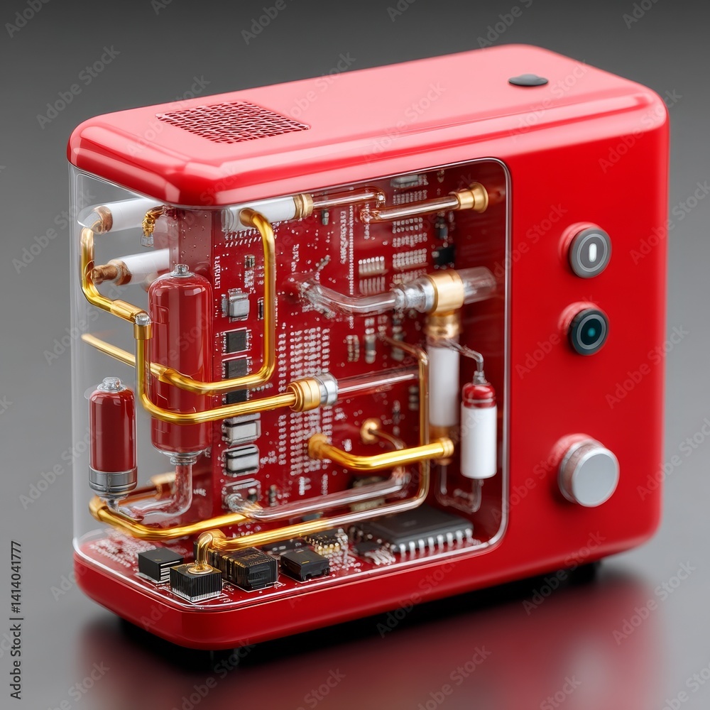 Fototapete red futuristic device with visible circuitry and golden pipes on a gray background - intricate engin