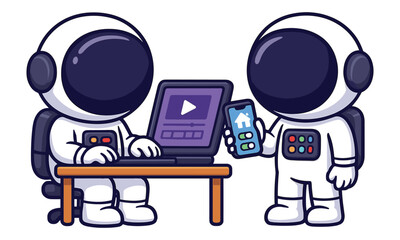 Astronaut Watching Video and Operating Laptop Illustration