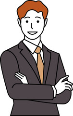 腕組みをして話すスーツの男性。その2