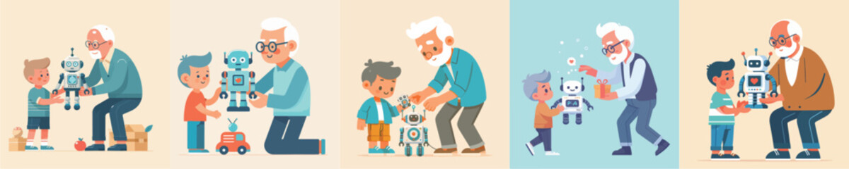 vector collection of grandfather giving robot toy to boy