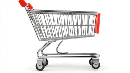 Side view of a shopping cart filled with groceries in a retail store aisle, showcasing various products and fresh produce.