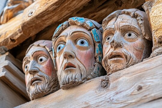 A ruined cathedral with cracked statues of saints, their faces eerily eroded over time
