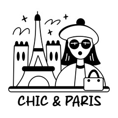 Paris tourist standing in front of eiffel tower with chic and paris text, glyph sticker 
