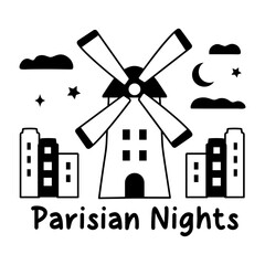 Parisian nights typography with a windmill, glyph sticker 
