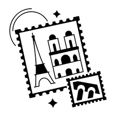 Paris stamps with famous french landmarks, glyph sticker 
