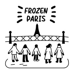 People visiting eiffel tower with frozen paris text, glyph sticker 
