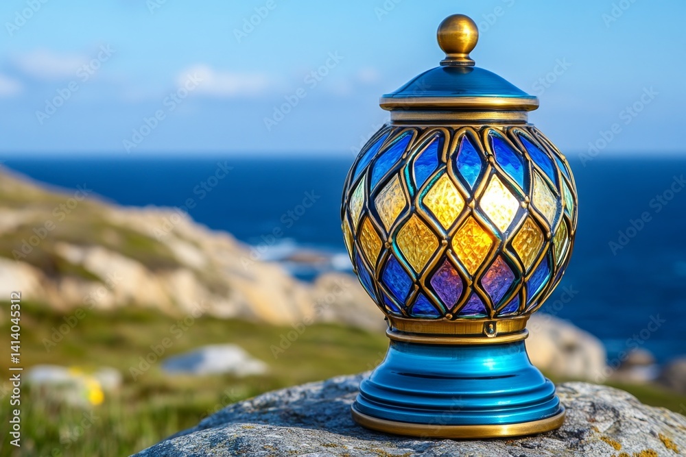 Poster a super-detailed close-up of a lighthouseâ€™s glass beacon, with light reflecting in intricate patte