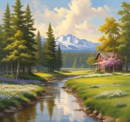 Obraz premium Illustration of scenic spring landscape with blossom tree.