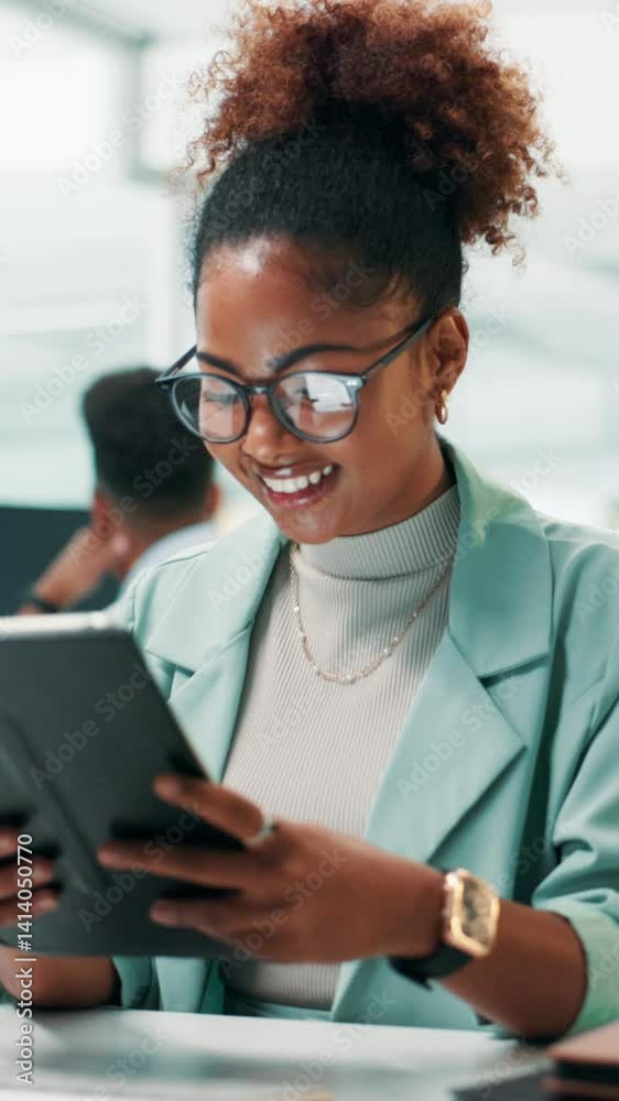 Poster office, businesswoman and smile with tablet for reading, research information and ux developer. care